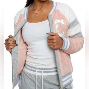 Women's Pink and Gray Champion Varsity Jacket